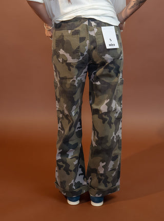 Side view of Mica high-rise camo joggers with wide ankle leg