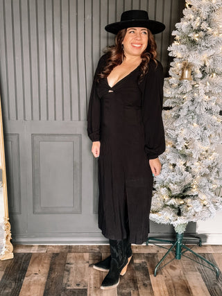 Midnight Love Elegant Holiday Midi Dress, Black - The Farmhouse