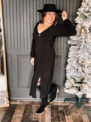 Midnight Love Elegant Holiday Midi Dress, Black - The Farmhouse