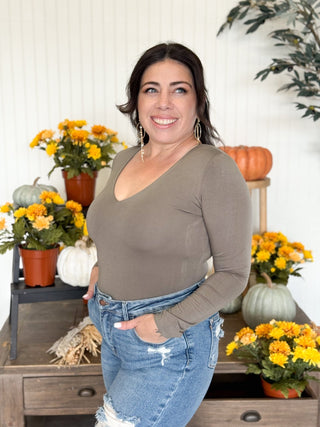 Mila Double Layer V - Neck Long Sleeve Top, Olive - 130 Basics - The Farmhouse