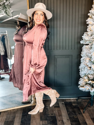 Moonlit Grace Elegant Satin Holiday Midi Dress, Mauve - The Farmhouse