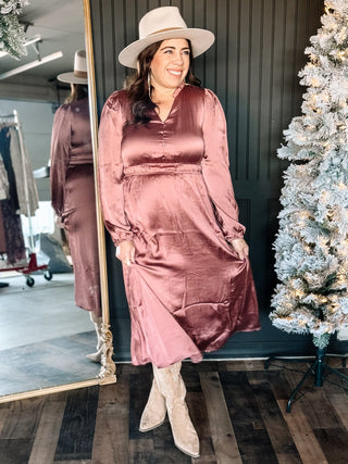 Moonlit Grace Elegant Satin Holiday Midi Dress, Mauve - The Farmhouse