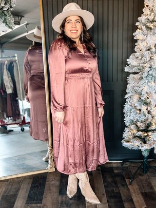 Moonlit Grace Elegant Satin Holiday Midi Dress, Mauve - The Farmhouse