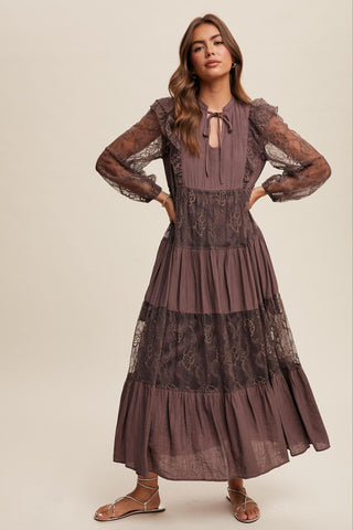 Moonlit Whimsy Romantic Elegant Boho Maxi Dress, Mocha - The Farmhouse