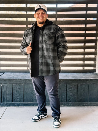 Mountain Ridge Quilted Mens Flannel Jacket with Hood, Grey - 320 Men's - The Farmhouse