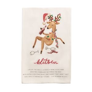 Mud Pie cotton hand towel with Blitzen reindeer poem and glitter accents