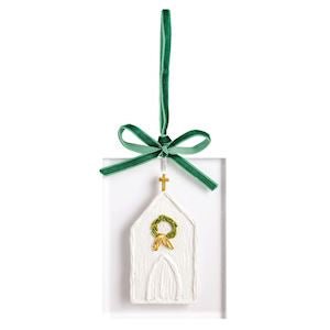 Mud Pie church acrylic ornament with snow-dusted steeple that glows when lit