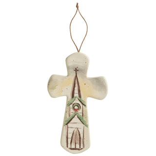 Mud Pie stoneware nativity cross with church scene and twine hanger