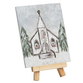 Mud Pie farmhouse style church wall art with snow-dusted steeple