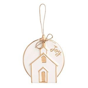 Mud Pie gold disc Christmas ornament with church design