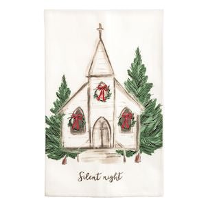 Mud Pie cotton kitchen towel with classic church Christmas print