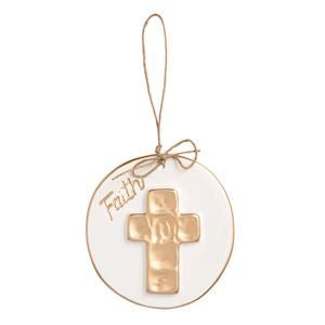 Mud Pie gold disc Christmas ornament with cross design