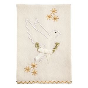 Mud Pie cotton kitchen towel with embroidered dove holiday motif