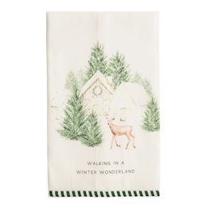 Mud Pie white cotton kitchen towel with snowy Christmas house print