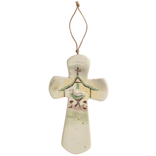 Mud Pie stoneware manger nativity cross with twine hanger