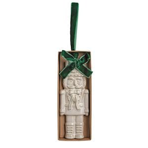 Mud Pie white nutcracker Christmas ornament from the White Christmas collection