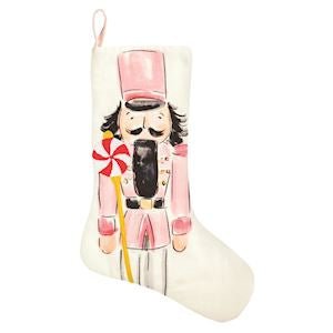 Mud Pie pink nutcracker Christmas stocking with colorful embroidery