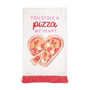 Mud Pie cotton kitchen towel with funny pizza Valentine's Day graphic