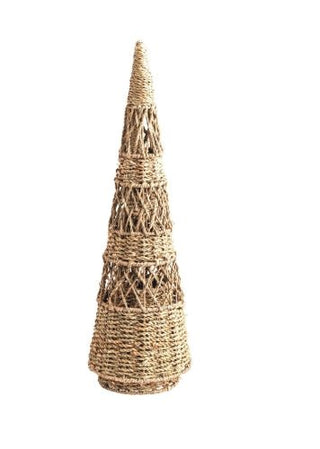 Styled view of Mud Pie woven seagrass Christmas trees in varying heights