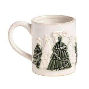 Mud Pie white ceramic Christmas mug with classic tree icon
