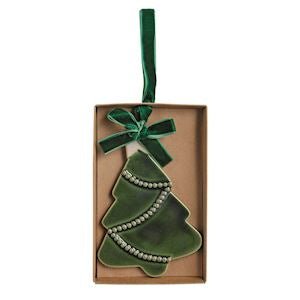 Mud Pie white Christmas ornament with classic tree icon design