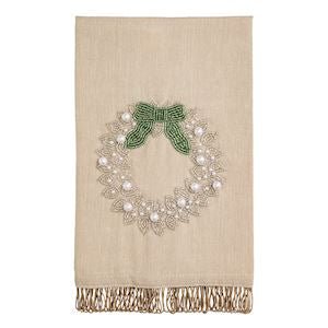 Mud Pie white Christmas towel with wreath print for holiday kitchens