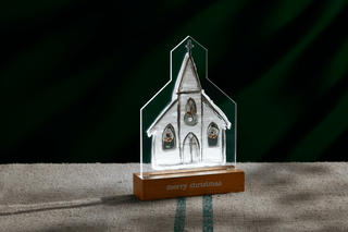 Mud Pie acrylic church plaque on light-up mango wood base