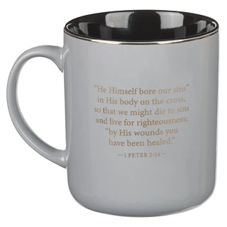 Mug Gray W/Metal Cross 1 Peter 2:24 - 420 Home Decor - The Farmhouse