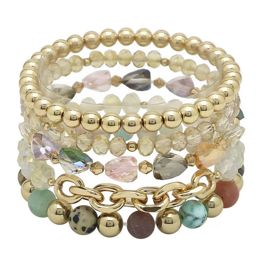 Multi - Mix Bead Stretch Bracelet Set - Pink and Gold - The Farmhouse