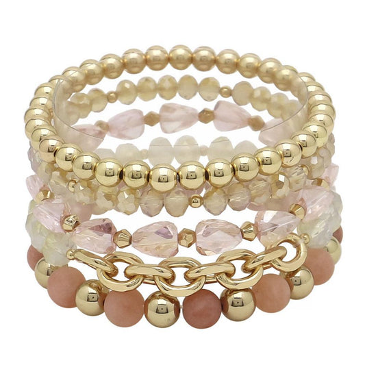 Multi - Mix Bead Stretch Bracelet Set - Pink And White - The Farmhouse