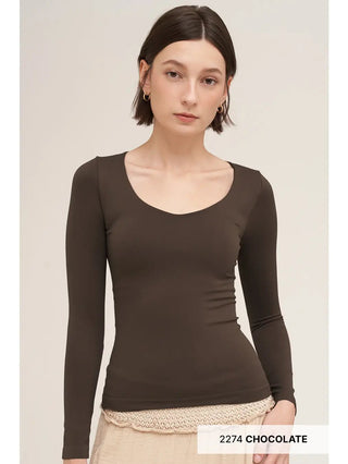 NIKIBIKI Women's Clean Line Sweetheart Long Sleeve Top, Chocolate - 130 Basics - The Farmhouse