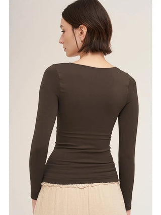 NIKIBIKI Women's Clean Line Sweetheart Long Sleeve Top, Chocolate - 130 Basics - The Farmhouse