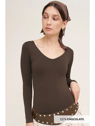 NIKIBIKI Women's Jersey V Neck Long Sleeve Bodysuit, Chocolate - 130 Basics - The Farmhouse