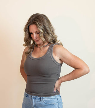NIKIBIKI Women's Twice as Nice Rib Tank, Vintage Smoky Olive - 130 Basics - The Farmhouse