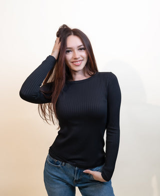 Nikibiki black wide ribbed long sleeve seamless top