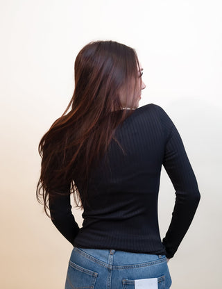 Close-up of wide rib texture on black seamless knit