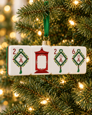Lucky Knots mahjong ornament in rich greens and berry tones with knot details