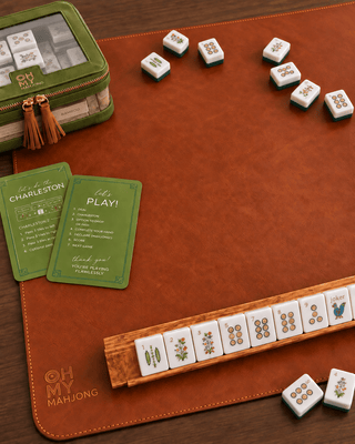 Cognac vegan leather mahjong mat with smooth surface and stitched edge