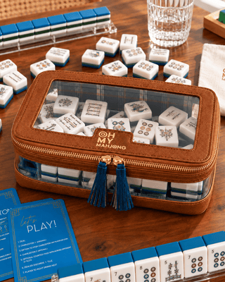 Cognac structured mahjong tile storage bag with clear panels and zip closure