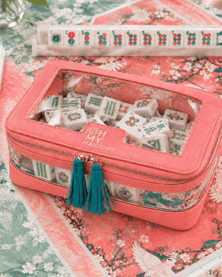Coral structured mahjong tile storage bag with clear panels and zip closure