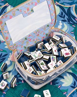Gatsby mahjong tile set with navy layers, green accents and white faces