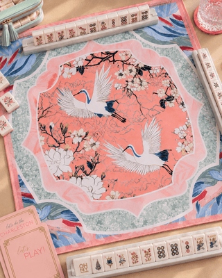 Heron neoprene mahjong mat with herons and florals in blush, sage and blue