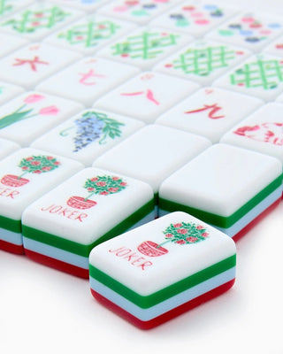 Close-up of Nantucket mahjong tiles showing the printed tile artwork