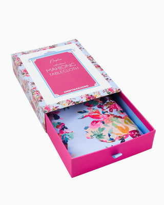 Side view of Oh My Mahjong Naples floral tablecloth in blues and pinks