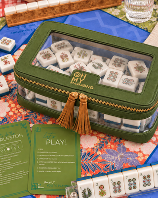 Olive structured mahjong tile storage bag with clear panels and zip closure