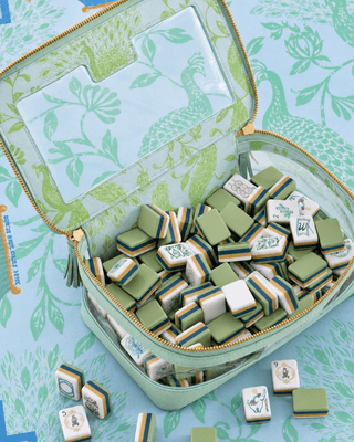 Willow mahjong tile set with muted green, dusty blue and soft gold edges