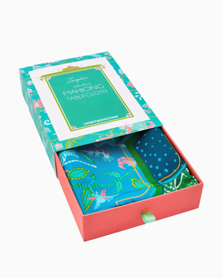 Back view of Oh My Mahjong Zanzibar emerald and turquoise print tablecloth