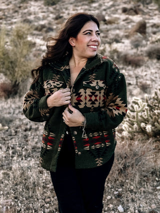 Painted Desert Western Boho Button Down Shacket, Olive - The Farmhouse