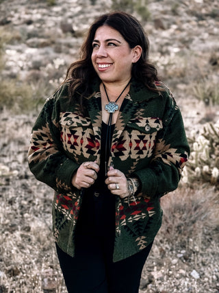 Painted Desert Western Boho Button Down Shacket, Olive - The Farmhouse