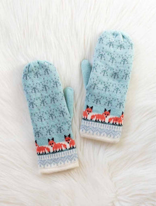 Cozy Knit Mittens, Light Blue Fox Pattern